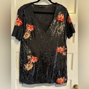 Zara Black Mini sequin embroidered Mesh dress size M.